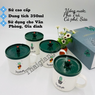 Cốc, ly sứ cao cấp uống nước, pha trà, cafe văn phòng, quà tặng họa tiết xương rồng 350ml