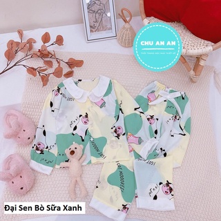 [ 16-41 KG ] Bộ Đồ Ngủ Pijama Bò Sữa Dài Tay -  Bộ Pijama Lụa Mango Cao Cấp Cổ Sen Phối Nơ Đáng Yêu