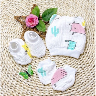 Set mũ bao tay bao chân cho bé sơ sinh chất vải xô mềm mại thoáng mát mềm êm giữ ấm ổn định nhiệt độ cơ thể