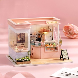 (Tặng keo,mica,đèn)Mô hình gỗ Nhà búp bê tự lắp ráp tiệm bánh TEA LAB diy house doll đồ chơi C015