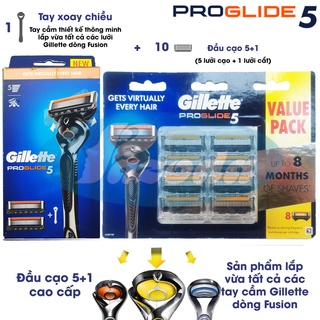 Bộ dao cạo râu 5 lưỡi Gillette Proglide5 (1 tay cầm xoay chiều và 10 đầu cạo 5+1)
