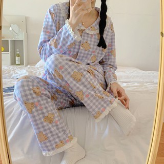 Bộ ngủ pijama dài tay thu đông viền bèo hình gấu dễ thương vải cotton