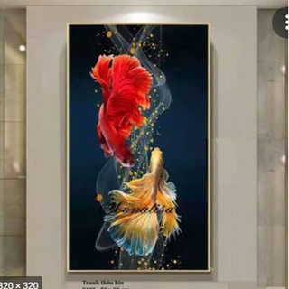 TRANH THÊU KÍN ĐÔI CÁ CHÉP TÀI LỘC  E109 (50X90)