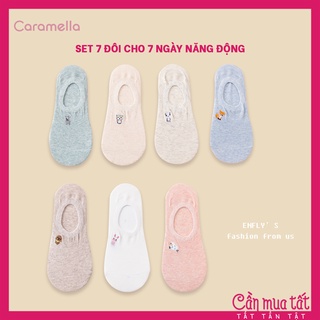 Tất lười nữ Caramella set 7 đôi thêu hình thú cưng xinh xắn, vớ nữ đi giày búp bê freesize chân từ 34-39 mẫu 2021