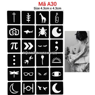 Khuôn hình xăm tạm thời gồm 24 hình xăm giả mã A30 (không bao gồm mực xăm tạm thời)