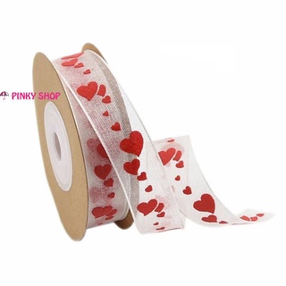 Dây ruy băng voan lưới in họa tiết hình trái tim màu đỏ dùng đóng gói quà tặng Valentine DIY, trang trí bó hoa Pinky