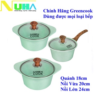[Hàng chính hãng]Bộ 3 nồi đúc quánh đúc Ceramic nắp kính chống dính 5 lớp đáy từ Greencook GCS05 Size 18cm/20cm/24cm