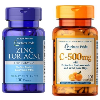 Combo sạch mụn thâm, sưng tăng cường miễn dịch Puritan's Pride - Zinc for Acne 100 viên - Vitamin C 100v