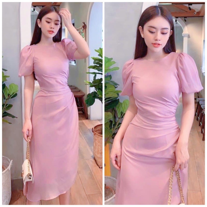 Đầm hồng nhúng eo lệch tà (kèm hình thật)