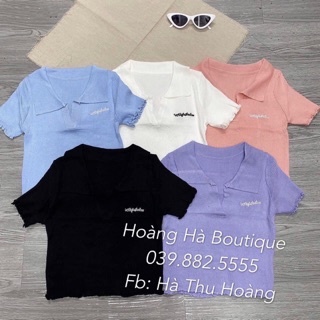 Áo tăm thêu chữ cổ bẻ croptop