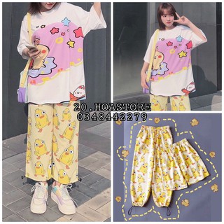 SET ÁO THỎ HỒNG HÌNH SAO + QUẦN JOGGER SUÔNG CARTOON GÀ VÀNG MẶC 2 KIỂU