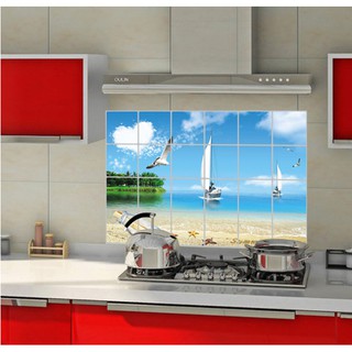 Decal dán bếp tráng nhôm cách nhiệt - cảnh bãi biển cát trắng và thuyền lớn