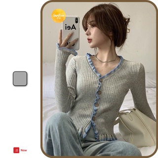 Áo thun tay dài bèo màu xám chất thun co giãn Ulzzang