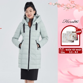 Áo Khoác Phao Nữ Dáng Dài HeraDG Màu Xanh Có Mũ Chần Ngang Phối Khóa Đen, Vải Gió Chống Nước Chống Bám Bụi WJKBA12