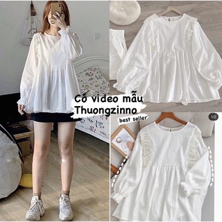 Áo babydoll tiểu thư Vải ren viền bèo kiểu mới tay bồng Áo sơ mi cute