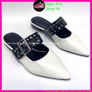 Sục nữ mũi nhọn da lì quai ngang gắn đinh đính đá màu trắng NIN Ngọc ánh