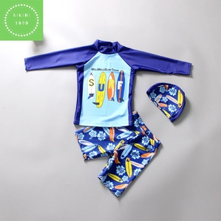 Bộ bơi đồ bơi bé trai họa tiết lướt ván dài tay chống nắng khỏe khắn thể thao đồ bơi ba mảnh kèm mũ