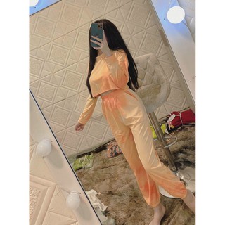 Set bộ áo croptop tay dài kèm quần dài rộng bo ống lưng chun màu loang cá tính chất thun cotton mềm