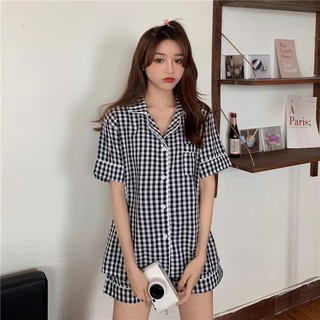 [CÓ SẴN] Đồ ngủ pijama kẻ caro đen trắng Hàn Quốc cộc tay quần đùi ullzang