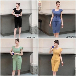 Đồ bộ đũi nữ quần lửng áo sát nách tay bèo Babydoll Set bộ đồ nữ chất đũi Banamo Fashion 123
