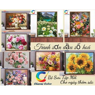 Tranh sơn dầu số hoá DIY đã căng khung 50x40cm chủ đề hoa muôn sắc
