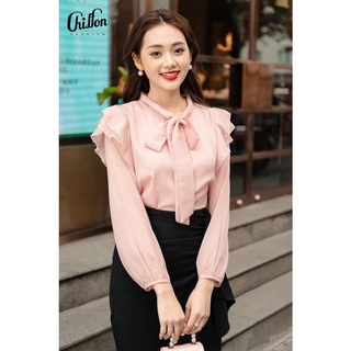 áo sơ mi công sở nữ - áo sơ mi tơ óng cổ nơ tay dài bèo vai 2 lớp