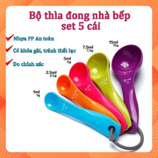 Bộ thìa đong 5 món bằng nhựa an toàn, bộ muỗng đong 5 cái định lượng chính xác cho nhà bếp