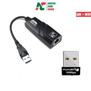 Combo Cáp chuyển đổi USB 3.0 to LAN Gigabit 100/1000 Mbps + USB Wifi Fuhler FH-150 Tốc Độ 150Mbps - Hàng Chính Hãng