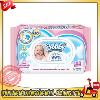 [HÀ NỘI] Khăn Ướt Bobby Mùi Hương nhẹ 100 tờ NANO Bạc Kháng Khuẩn (Màu Hồng)