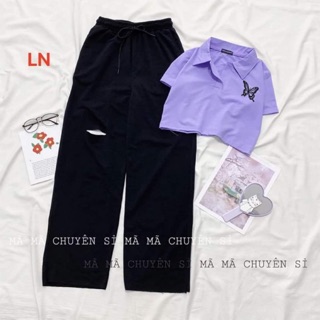 Sét áo croptop lô gô bướm + quần rộng rách LN12