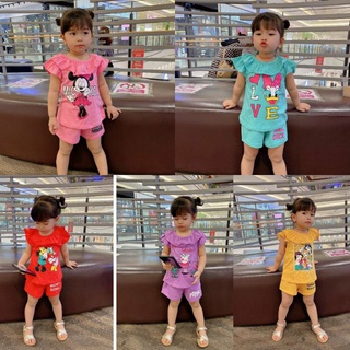 Bộ cotton cổ viền bèo in hình cho bé gái