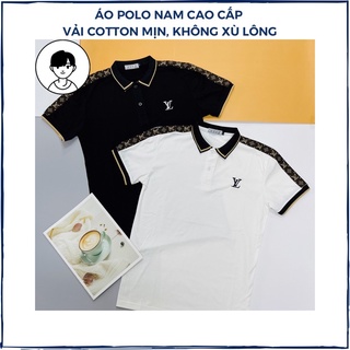 Áo Polo nam cổ bẻ, áo thun nam hoạ tiết LV đen trắng form ôm dáng chất vải thun lạnh cotton mát mẻ