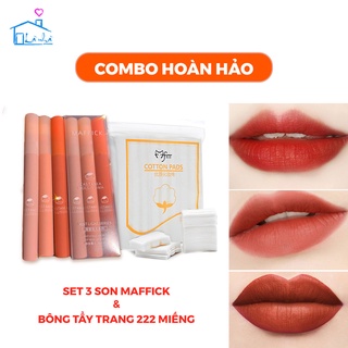 Combo Set 3 Son Kem Lì MAFFICK StrawBerry Velvet nội địa Trung màu đỏ quyến rũ 2 set A/B và Bông Tẩy Trang 222 miếng