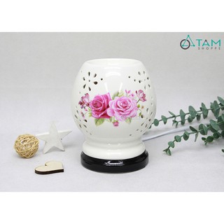 [TẶNG BÓNG ĐÈN] Đèn xông tinh dầu điện Mai cao in 2 bông hồng ĐTDĐ-GOM-11
