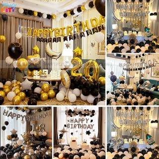 Set bóng trang trí sinh nhật tone vàng đen cho bé trai bé gái và người lớn kèm đầy đủ phụ kiện trang trí dễ làm