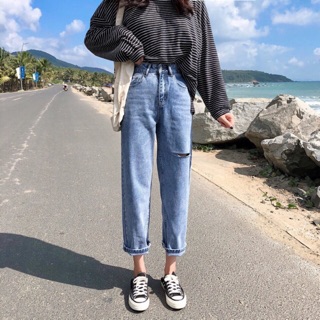 Quần slim baggy jeans rách đùi bên kèm ảnh thật