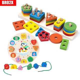 Đồ Chơi Montessori Bằng Gỗ Đồng Hồ Xâu Dây Và Thả Hình Khối Trên Thanh Giúp Bé Học Phân Biệt Màu Sắc Khối BR02X
