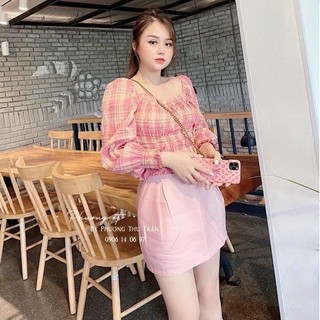 Áo kiểu bo chun ngực vai bồng dài tay, Áo kẻ bo eo tay chun AS9501 - NhiNhi Shop