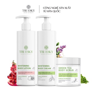 Bộ sản phẩm Truesky VIP05 gồm 1 tẩy tế bào chết toàn thân 300g + 1 kem ủ trắng body 200g + 1 kem dưỡng trắng body 200g