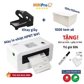 Máy in nhiệt chuyên dụng HPRT N41 in đơn hàng TMĐT kèm khay và 1000 tem giấy khổ A6 100x150 Tặng Bút vệ sinh máy in