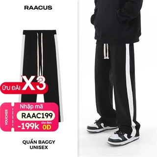 Quần ống rộng nam nữ Raacus dáng suông phối line trắng, quần suông nam nữ ống rộng unisex chất poly cao cấp