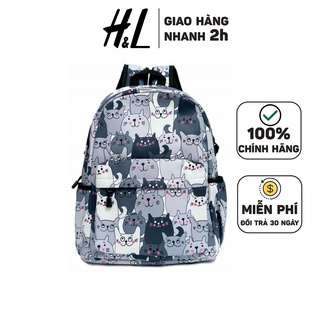 Balo Đi Học Vintage Thời Trang H&amp;L Họa Tiết Mèo Xinh, Có Ngăn Chống Sốc Laptop, Chất Liệu Tốt Chống Nước, Chống Ẩm Mốc