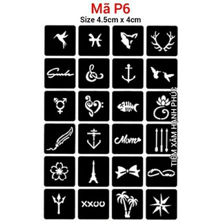 Khuôn hình xăm tạm thời gồm 24 hình xăm giả mã P6 (không bao gồm mực xăm tạm thời)