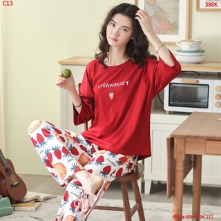 Bộ đồ nữ cotton cao cấp áo tay lỡ hình dâu tây xinh xắn - Micha C13