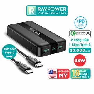 Pin Sạc Dự Phòng 20000mAh RAVPower RP-PB235 1 Cổng Type C PD 3.0 20W, 2 Cổng USB QC 3.0 18W Kèm Cáp Type C to C 60W
