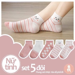 Tất nữ cổ ngắn họa tiết Nữ Tính[FREESHIP] Set 5 đôi vớ phong cách Hàn quốc