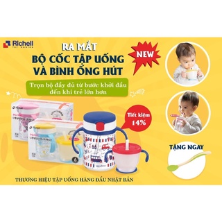BỘ CỐC TẬP UỐNG 3 GIAI ĐOẠN &amp; BÌNH ỐNG HÚT AQ tặng thìa Richell
