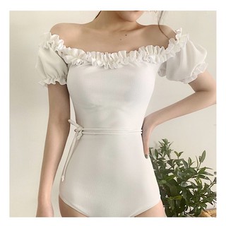 BIKINI Bộ đồ bơi nữ đi biển 1 mảnh liền có sẵn mút - Tay phồng trễ vai Trắng