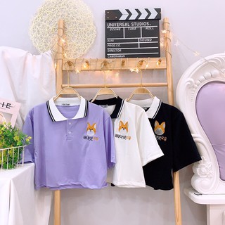 Áo polo croptop thêu chú chó chữ hàn mẫu hot xinh xinh