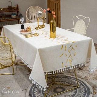 Khăn trải bàn đẹp Landecor mẫu thêu lá vàng sang trọng - TB470